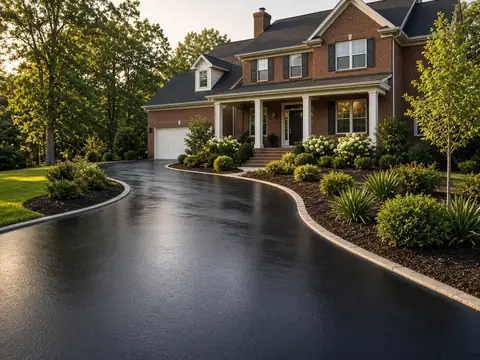 Freshly sealcoated black asphalt driveway in front of a brick home